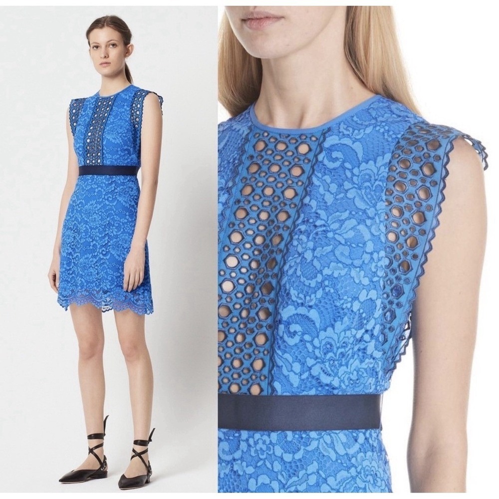 Sandro Lace Mini Dress Women 36 Blue Excellent Sleeveless Floral Eyelet R20093E